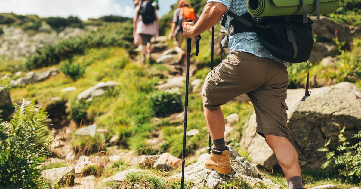 People hiking in a group up a mountain