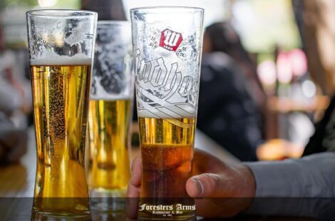 windhoek draught feature image - Person holding a beer with a few other beers and people in the background