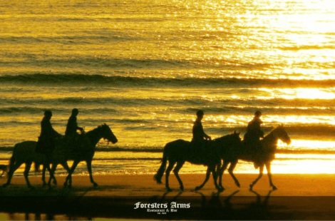 Horseback Riding on the Beach Feature Image- Group of people riding horses during sunset