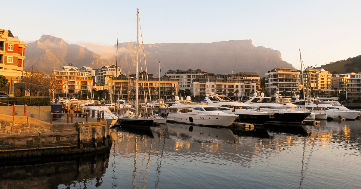 View of V&A Waterfront with Table Mountain in the background in Cape Town