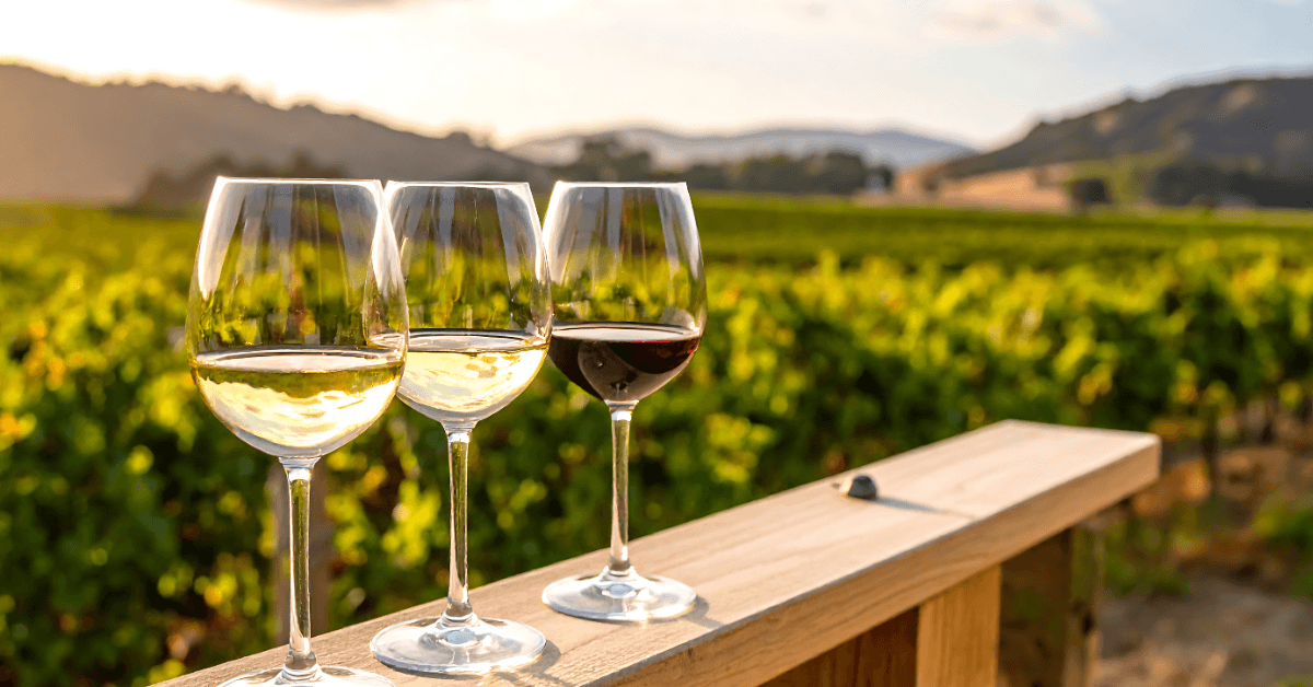 Three wine glasses laid out for a tasting along the vineyards in Groot Constantia 