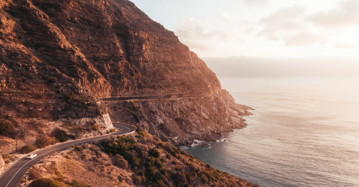 Scenic aerial view of Chapmans Peak Drive during sunset 